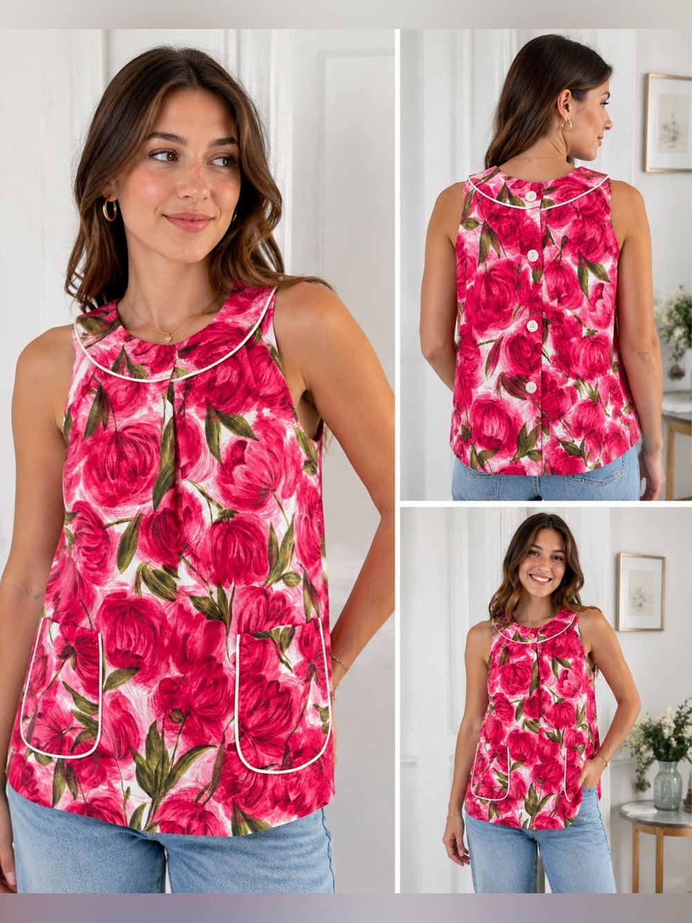 Vintage Y2K Kate Spade NY Tulip Floral Peter Pan Collar Cotton Top P/S Made USA